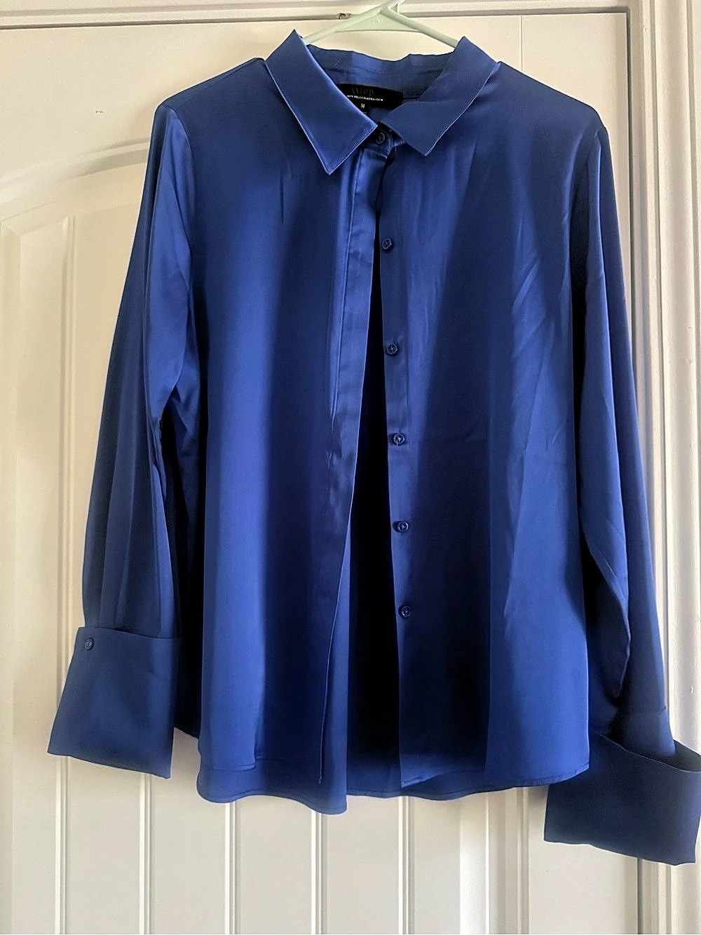 White House Black Market Satin Tuxedo Cuff Shirt Blue Medium